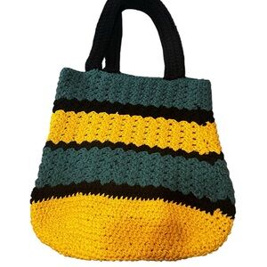 Handmade Teal, Yellow & Black Crochet Tote Bag with Black Straps